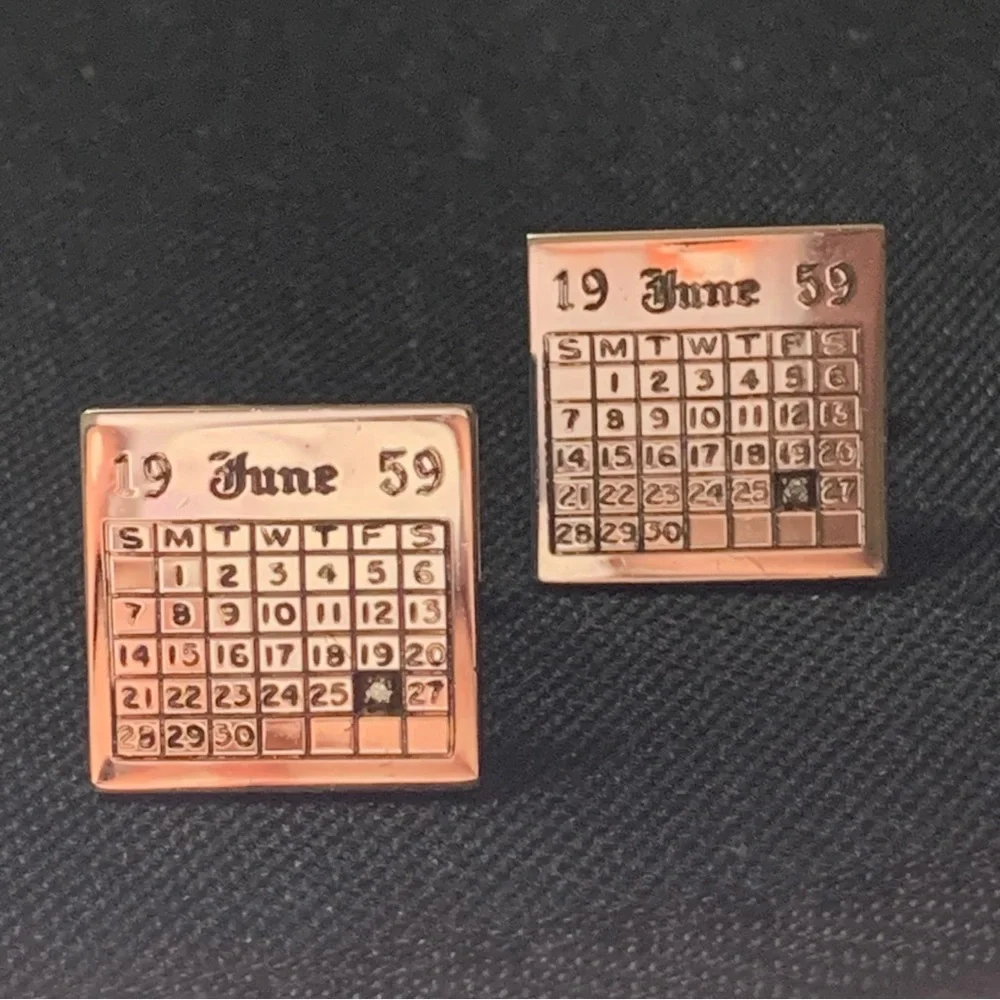 Vintage sterling silver diamond MCM birthdate calendar cuff links June 26 1969